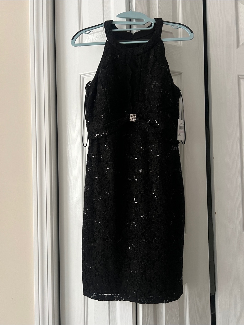 Night Way Collections Black Sequin Lace Midi Dress with Jeweled Waist